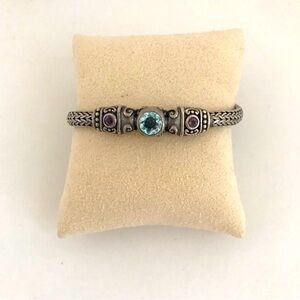 KC Indo 925 Sterling Silver Spiga Wheat Bracelet Blue Topaz Amethyst 8"